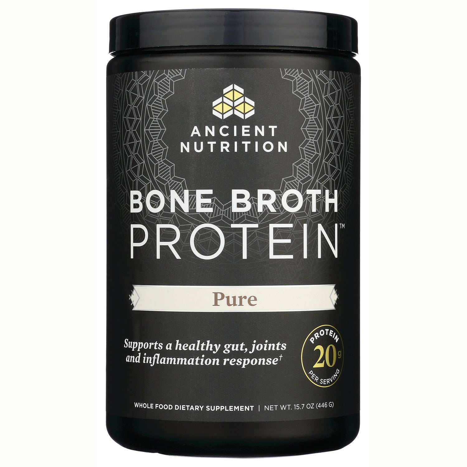 ATN001 | Ancient Nutrition Bone Broth Protein Pure supplement jar front label