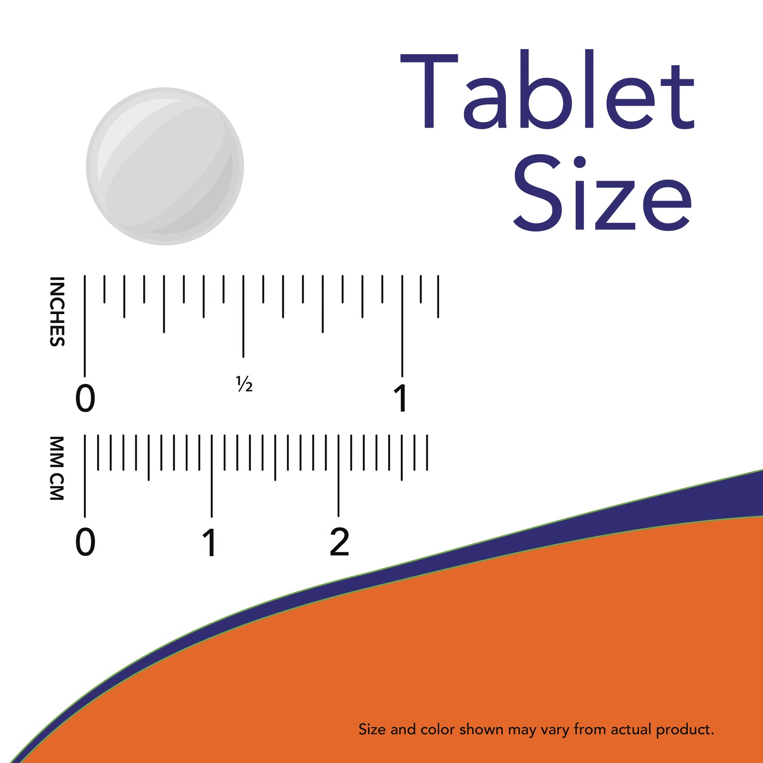 NWF663 | white round tablet beside inch and mm rulers labeled Tablet Size