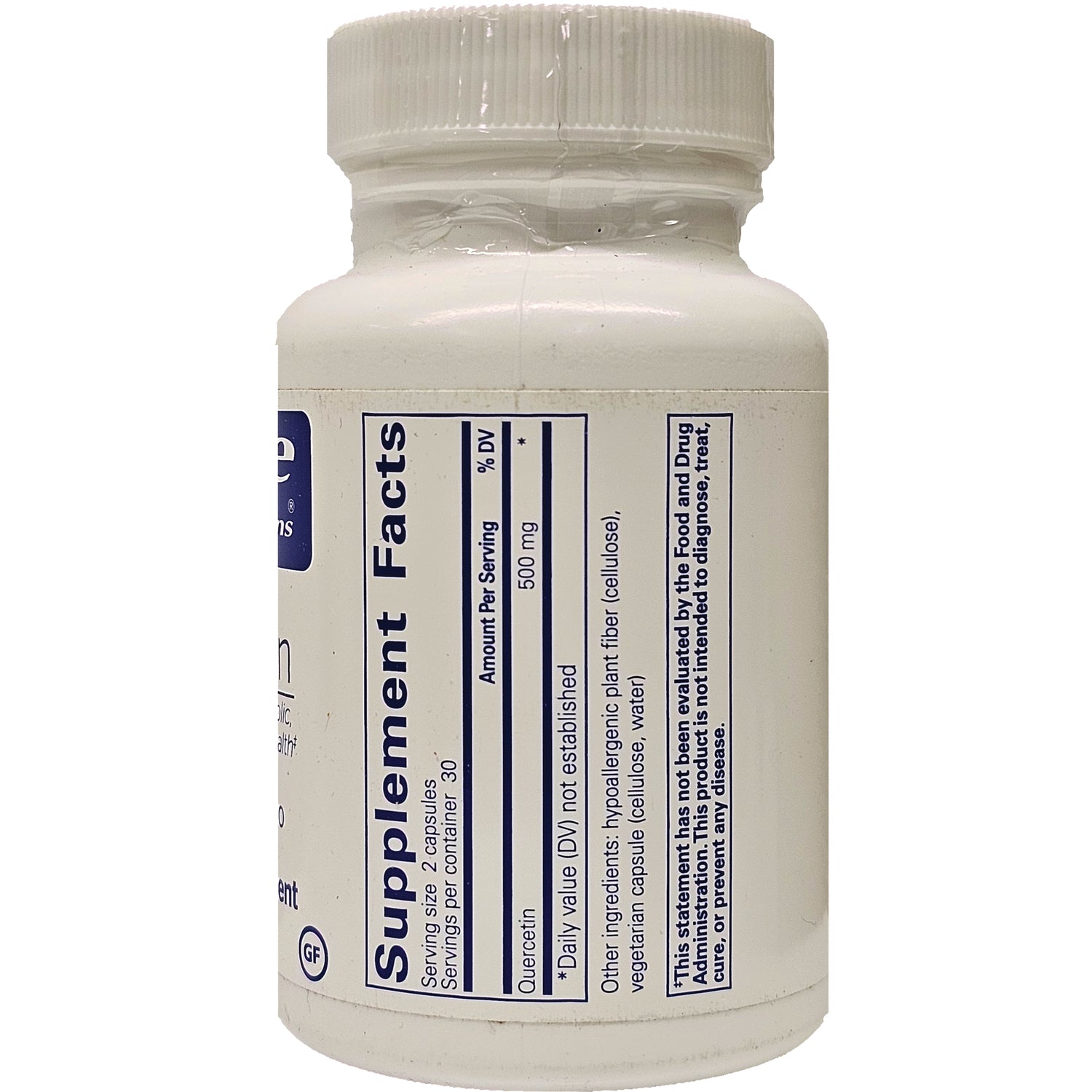PRN120 | back of white supplement bottle showing vertical Supplement Facts panel listing Quercetin 500 mg and other ingredients