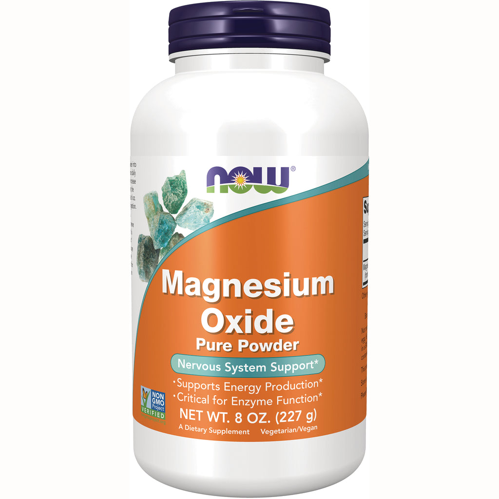 NWF196 | NOW Magnesium Oxide Pure Powder 8 oz white bottle with orange label and NOW logo, front view - Thumbnail