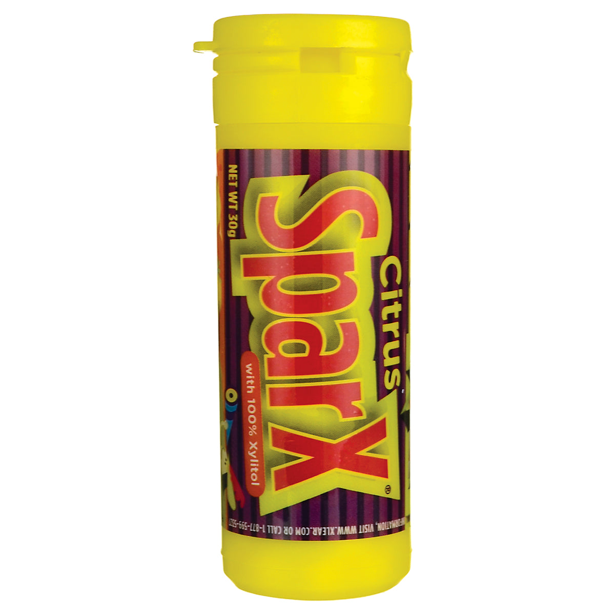 XL024 | SparX Citrus candy with 100% xylitol, front of yellow tube, 30 g