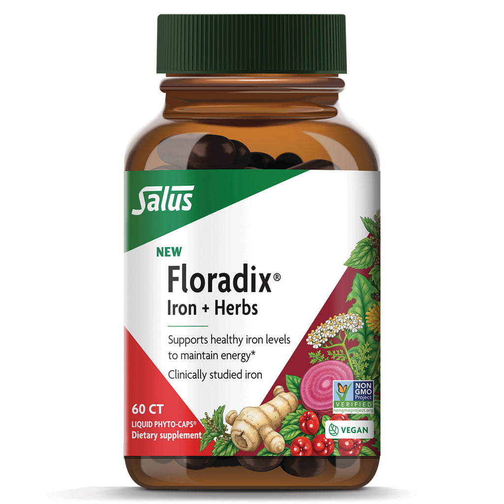 FDX008 | Floradix Iron + Herbs 60 CT brown supplement bottle with green cap and front label showing vegan and Non GMO badges - Thumbnail