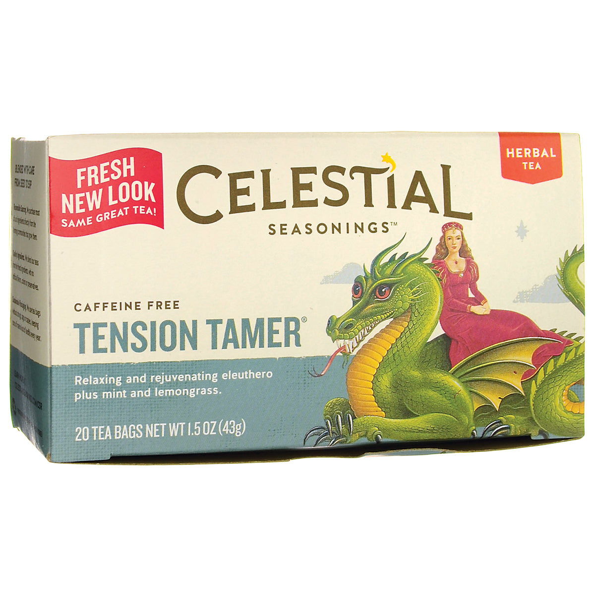 CEL014 | Celestial Seasonings Tension Tamer caffeine free herbal tea box with dragon illustration, 20 tea bags