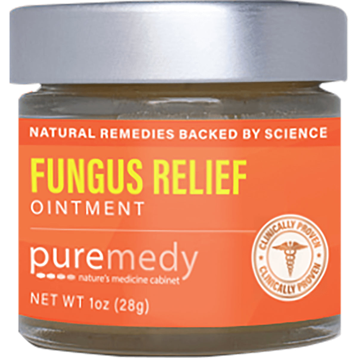 PRD011 | small jar of Puremedy Fungus Relief ointment with orange label, net wt 1 oz (28g)