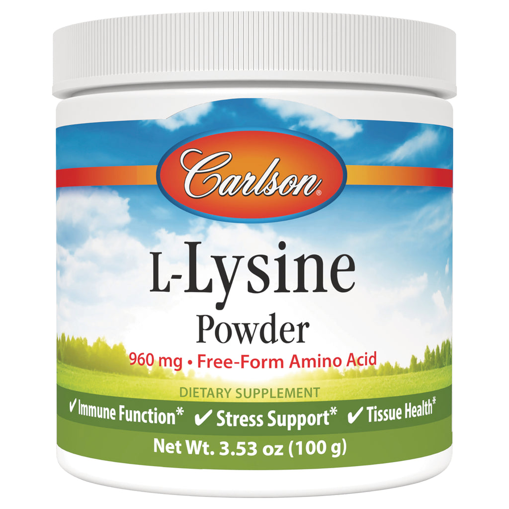 CSN128 | Carlson L-Lysine Powder 960 mg dietary supplement jar front label showing immune function, stress support, tissue health - Thumbnail