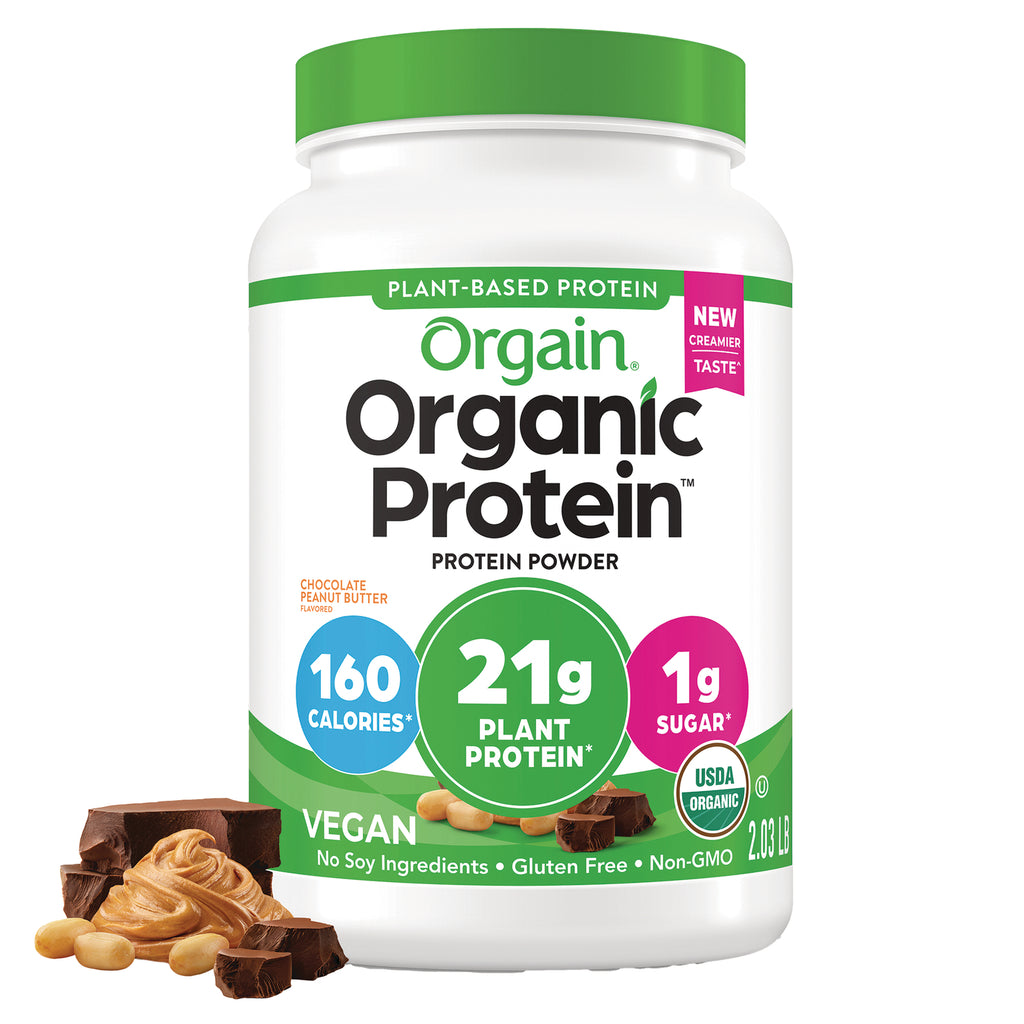 OGN012 | Orgain Organic Protein plant-based powder tub, chocolate peanut butter flavor, 21g plant protein, 160 calories - Thumbnail