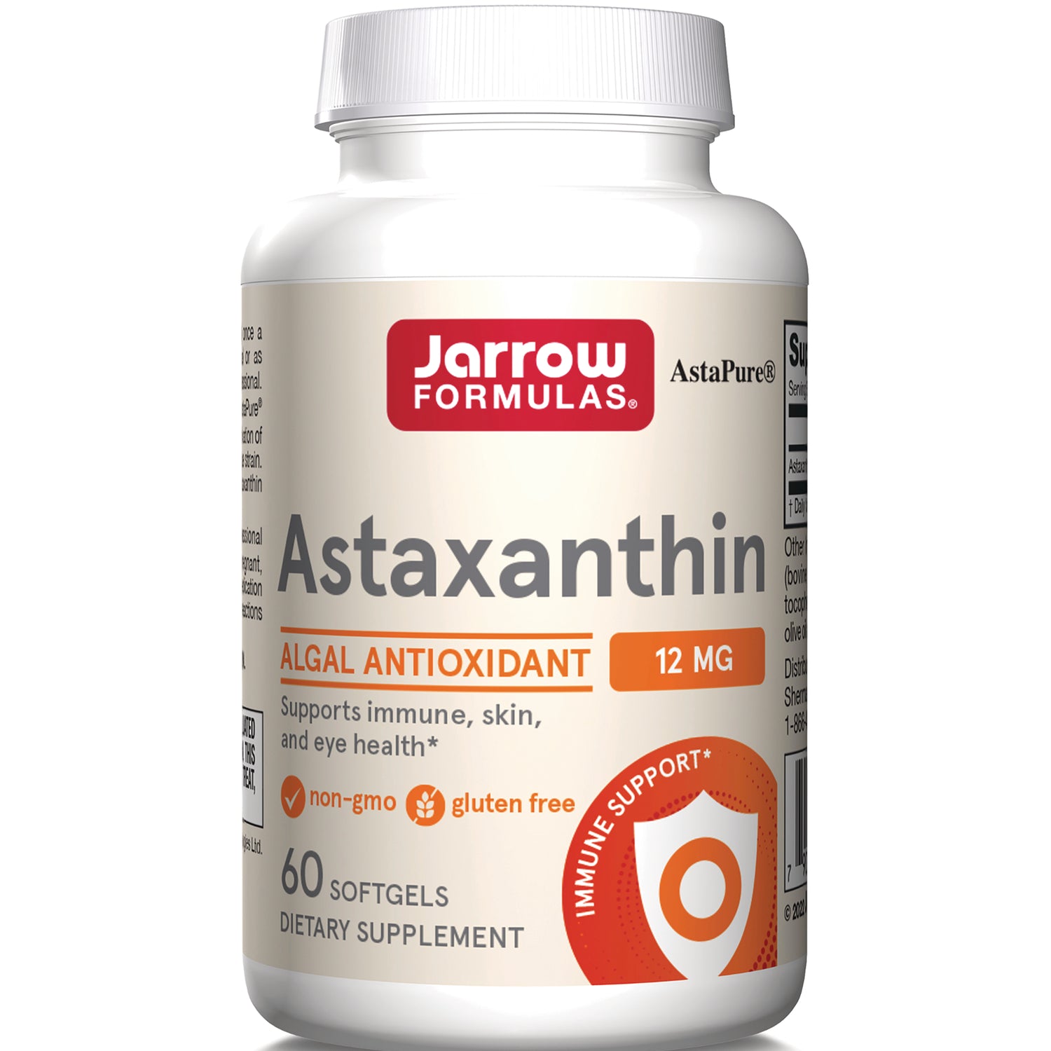 JR314 | Jarrow Formulas Astaxanthin 12 mg bottle, front label showing 60 softgels, algal antioxidant, non-gmo, gluten free