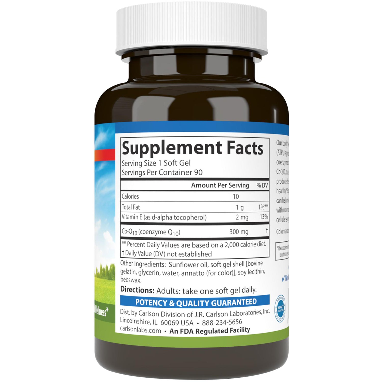 CSN097 | Supplement Facts label on a CoQ10 soft gel bottle, 90 servings, 300 mg per serving