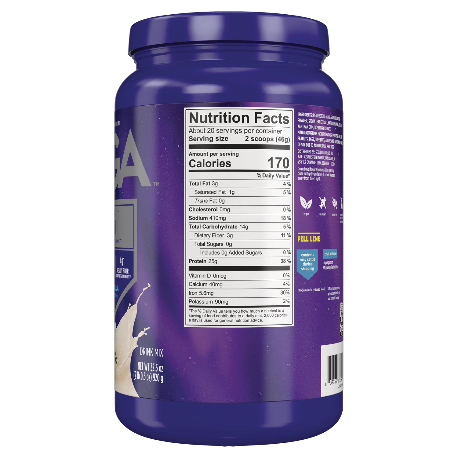 VGA001 | Back of protein powder tub showing Nutrition Facts panel, serving size 2 scoops, 170 calories, 25g protein