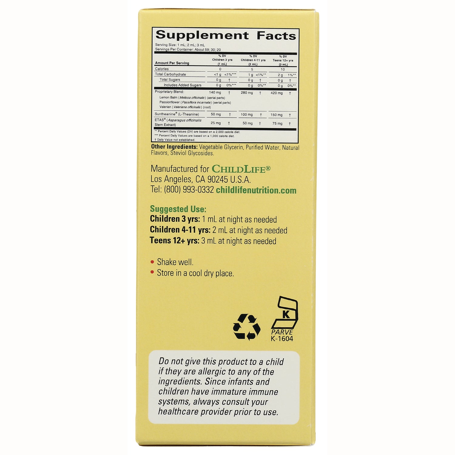 CHL023 | Back panel with Supplement Facts, suggested use, and warning for children's liquid supplement
