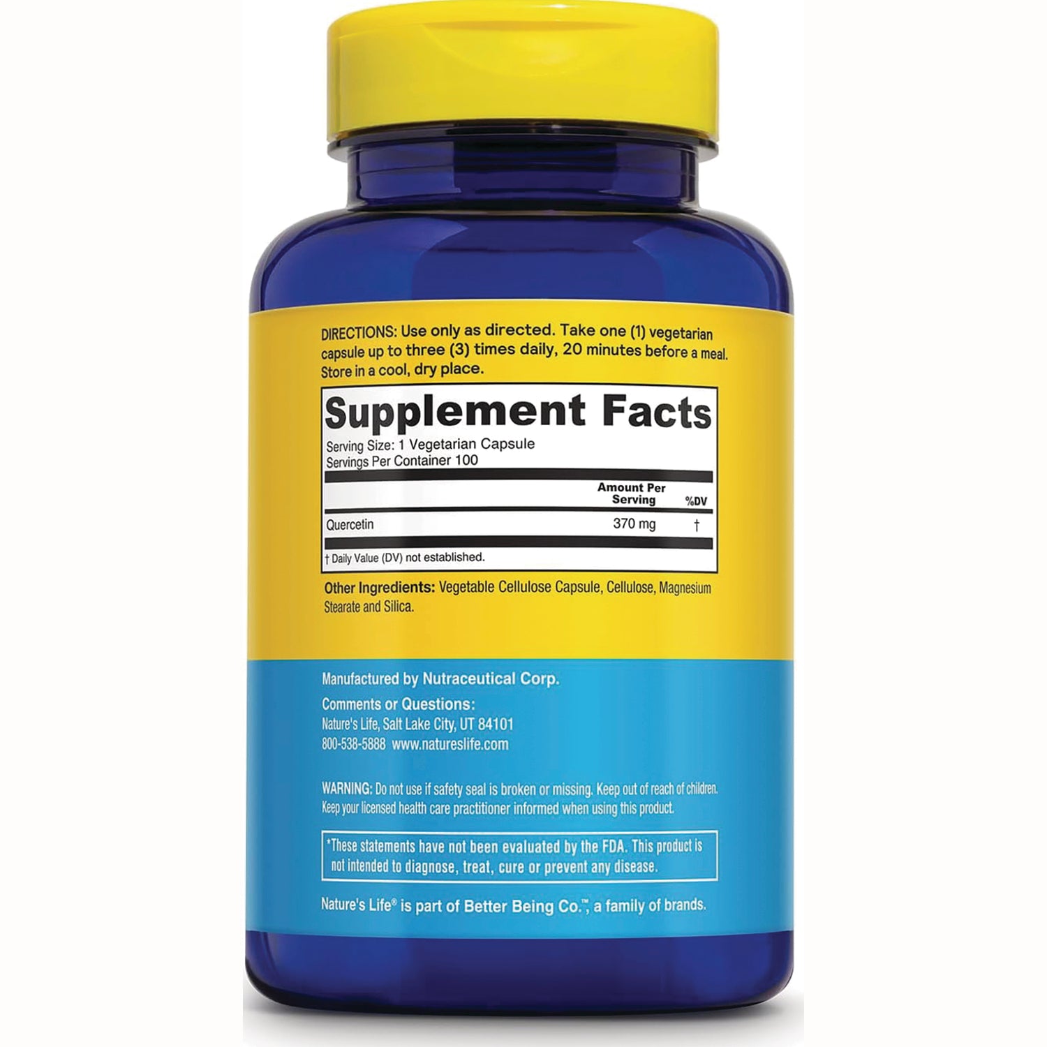 NSL062 | Back label of blue supplement bottle showing Supplement Facts with Quercetin 370 mg and usage directions