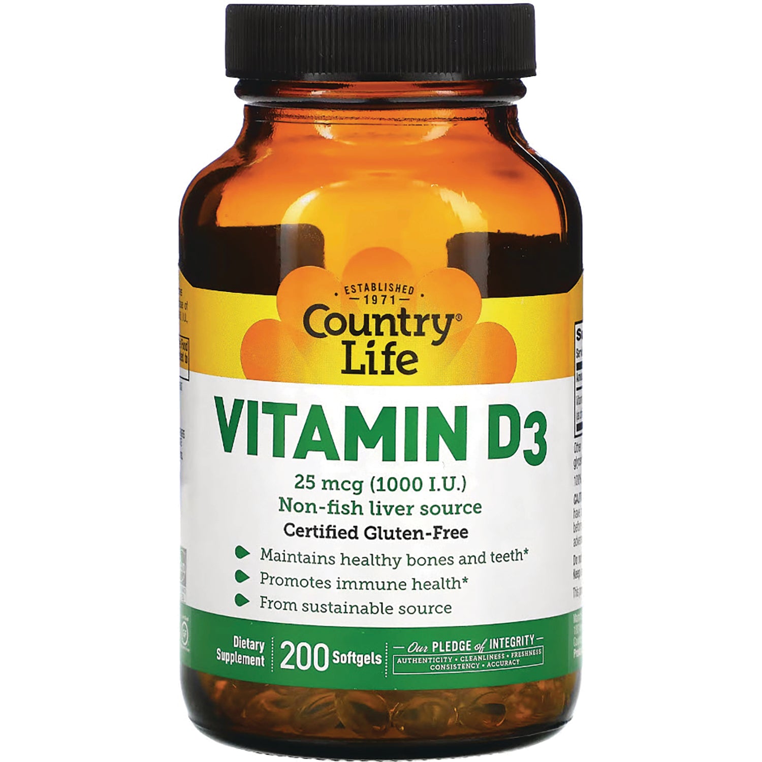 CRL400 | Country Life Vitamin D3 25 mcg (1000 I.U.) amber bottle with white label, 200 softgels