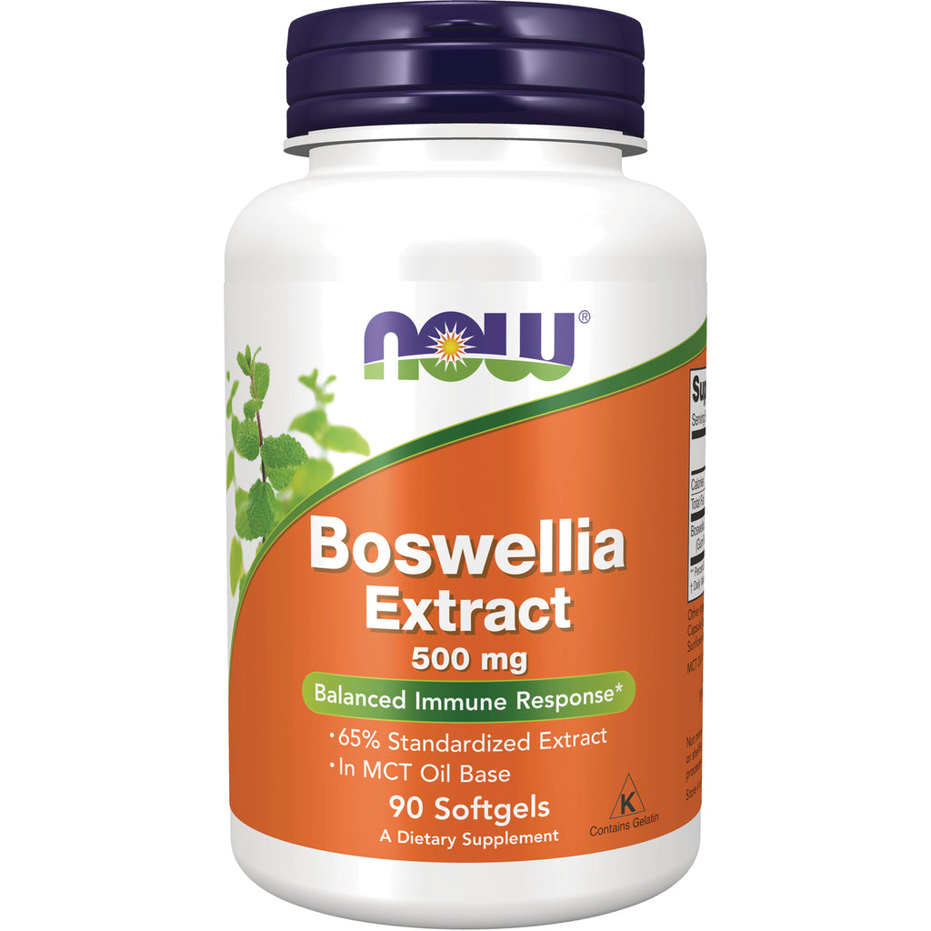 NWF1234 | NOW Boswellia Extract 500 mg white bottle with orange label showing 90 softgels - Thumbnail