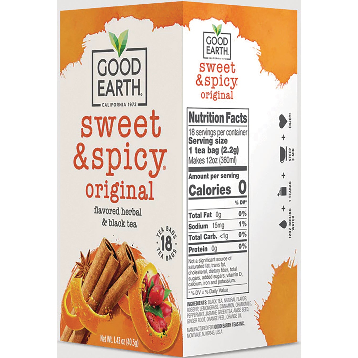 GET008 | Good Earth sweet & spicy original tea box back panel showing nutrition facts, ingredients, and cinnamon and orange peel illustration