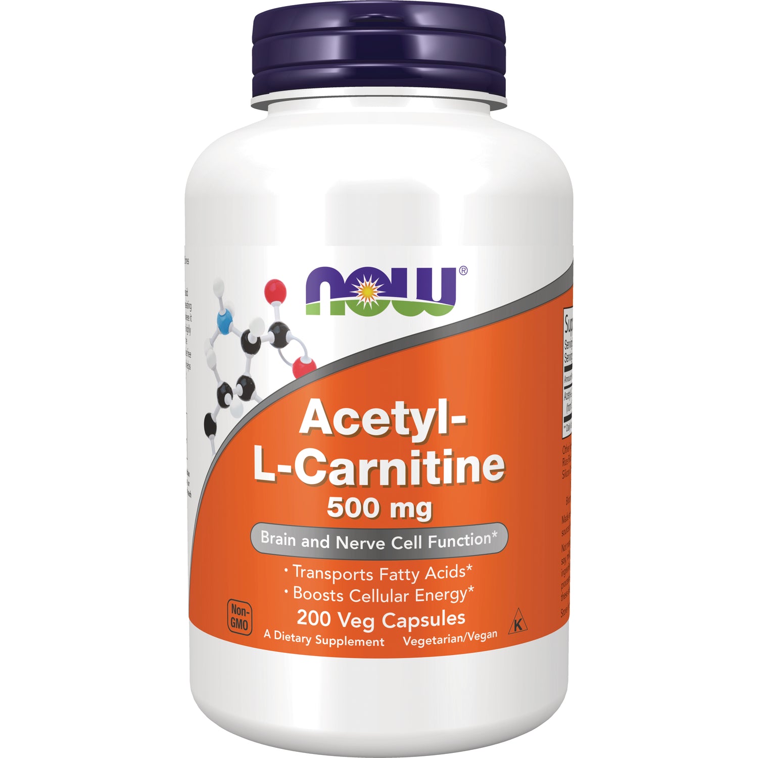 NWF721 | NOW Acetyl-L-Carnitine 500 mg white bottle with orange label, 200 veg capsules