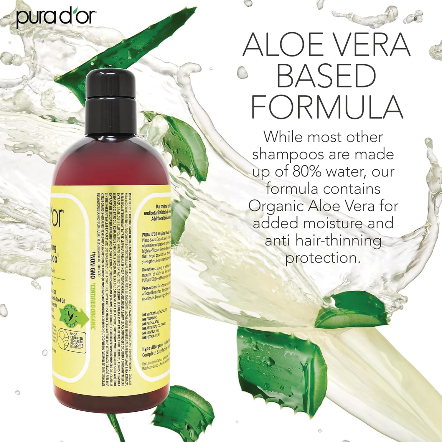 PDO005 | back of shampoo bottle showing ingredient label, Aloe Vera based formula text and aloe graphics