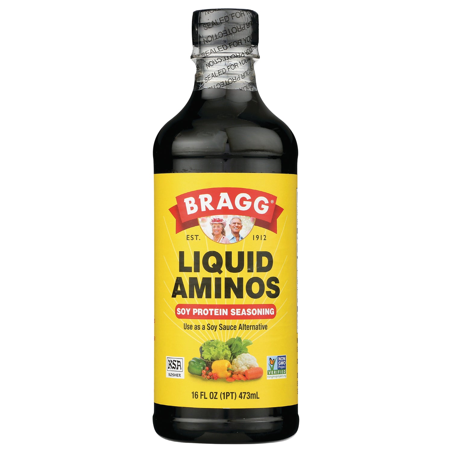 BR007 | Bragg Liquid Aminos soy protein seasoning bottle, yellow label, 16 fl oz (473 mL)