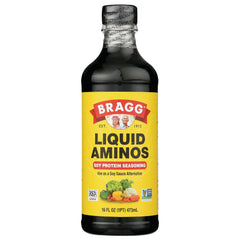 BR007 | Bragg Liquid Aminos soy protein seasoning bottle, yellow label, 16 fl oz (473 mL)