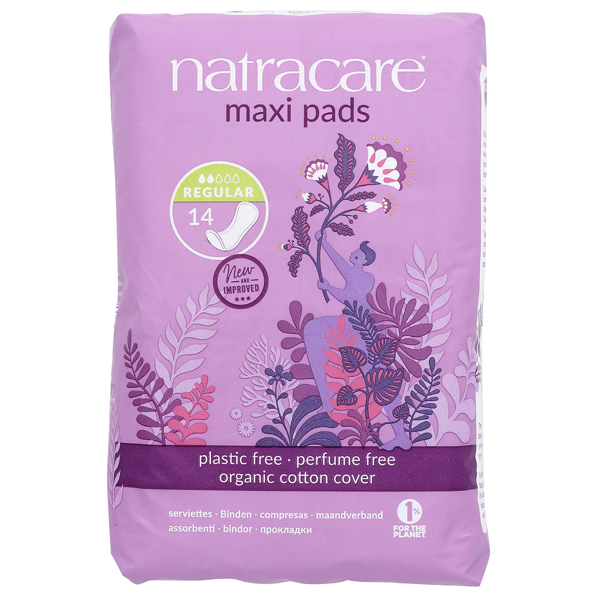 NCR007 | Natracare maxi pads regular 14 pack purple packaging labeled plastic free perfume free organic cotton cover