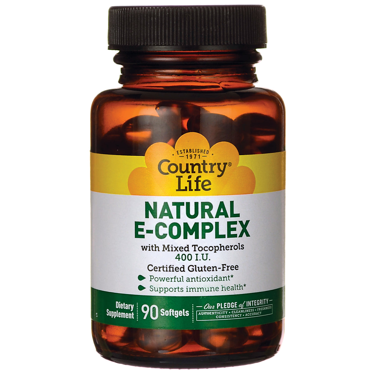 CRL215 | Amber bottle labeled Country Life NATURAL E-COMPLEX 400 I.U., 90 softgels dietary supplement