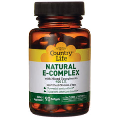 CRL215 | Amber bottle labeled Country Life NATURAL E-COMPLEX 400 I.U., 90 softgels dietary supplement