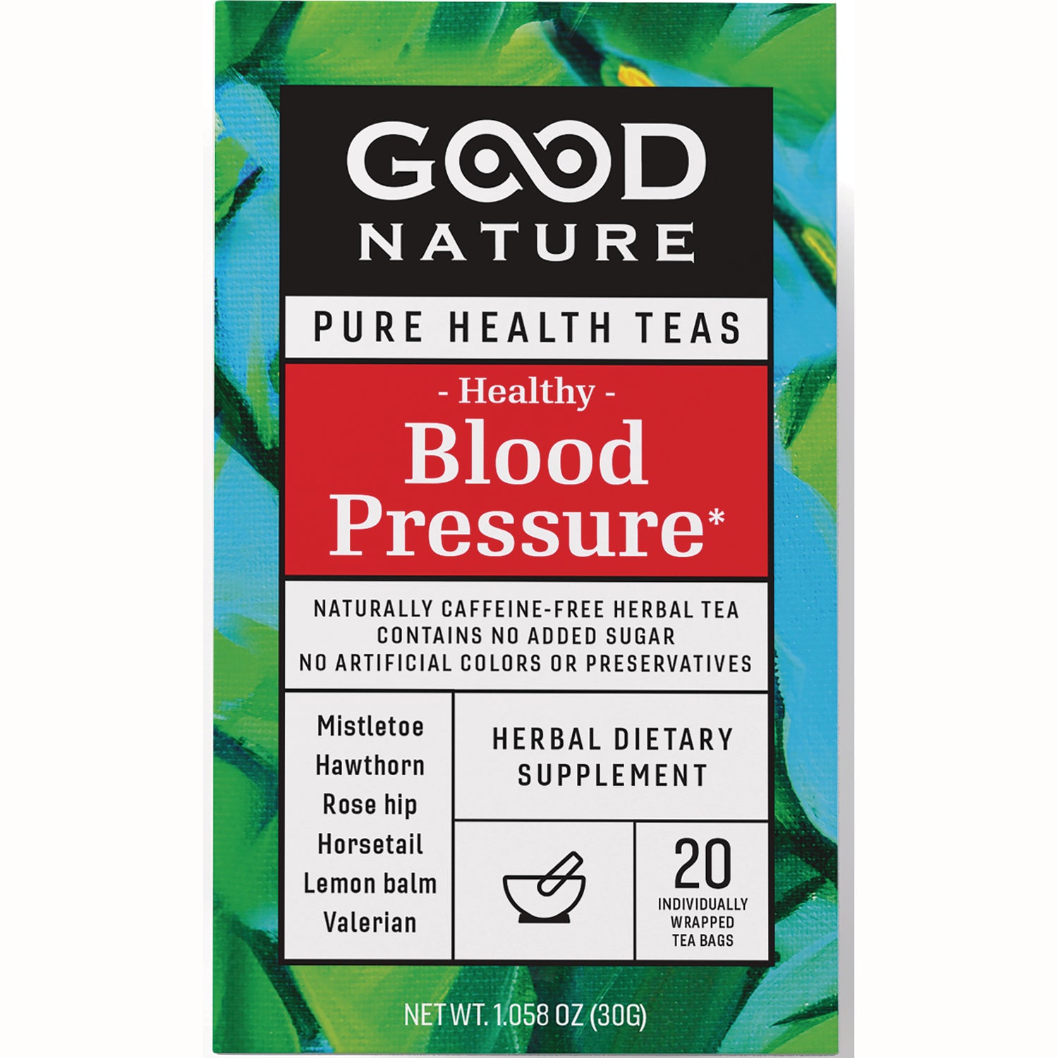 GDN028 | Good Nature Pure Health Teas box labeled Healthy Blood Pressure herbal dietary supplement, 20 individually wrapped tea bags