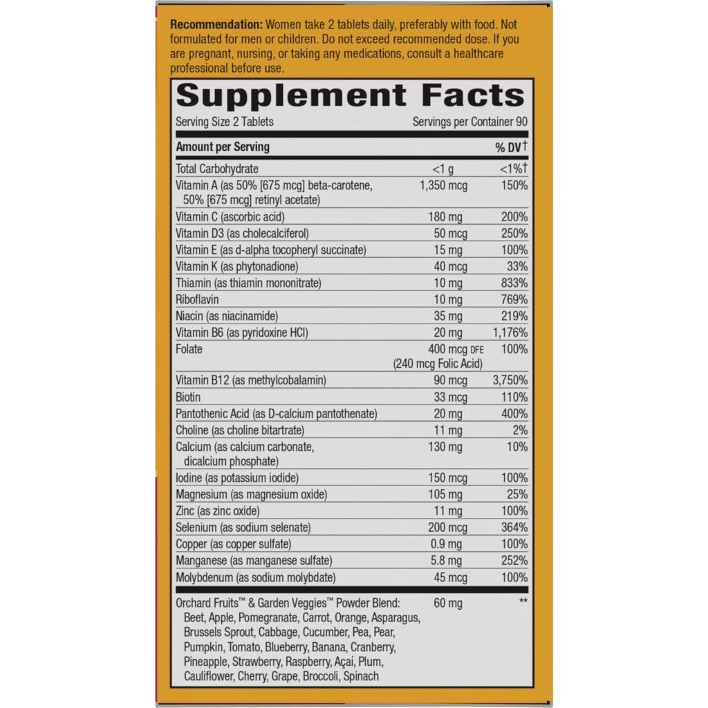 NW1077 | Supplement Facts panel for a women's multivitamin with dosage instructions and nutrient list - Thumbnail