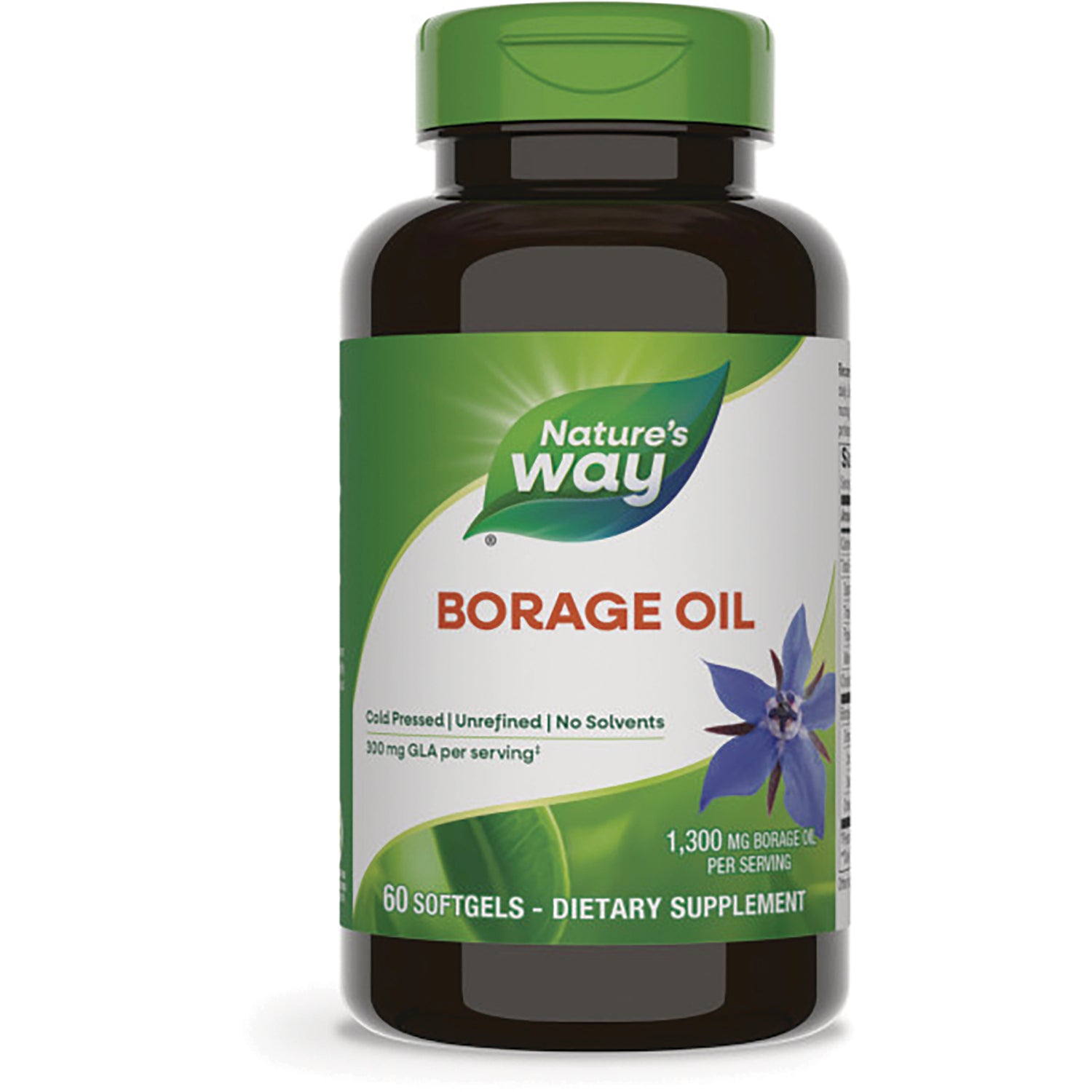 NW606 | Nature's Way Borage Oil bottle with green cap, label reading BORAGE OIL and 60 softgels
