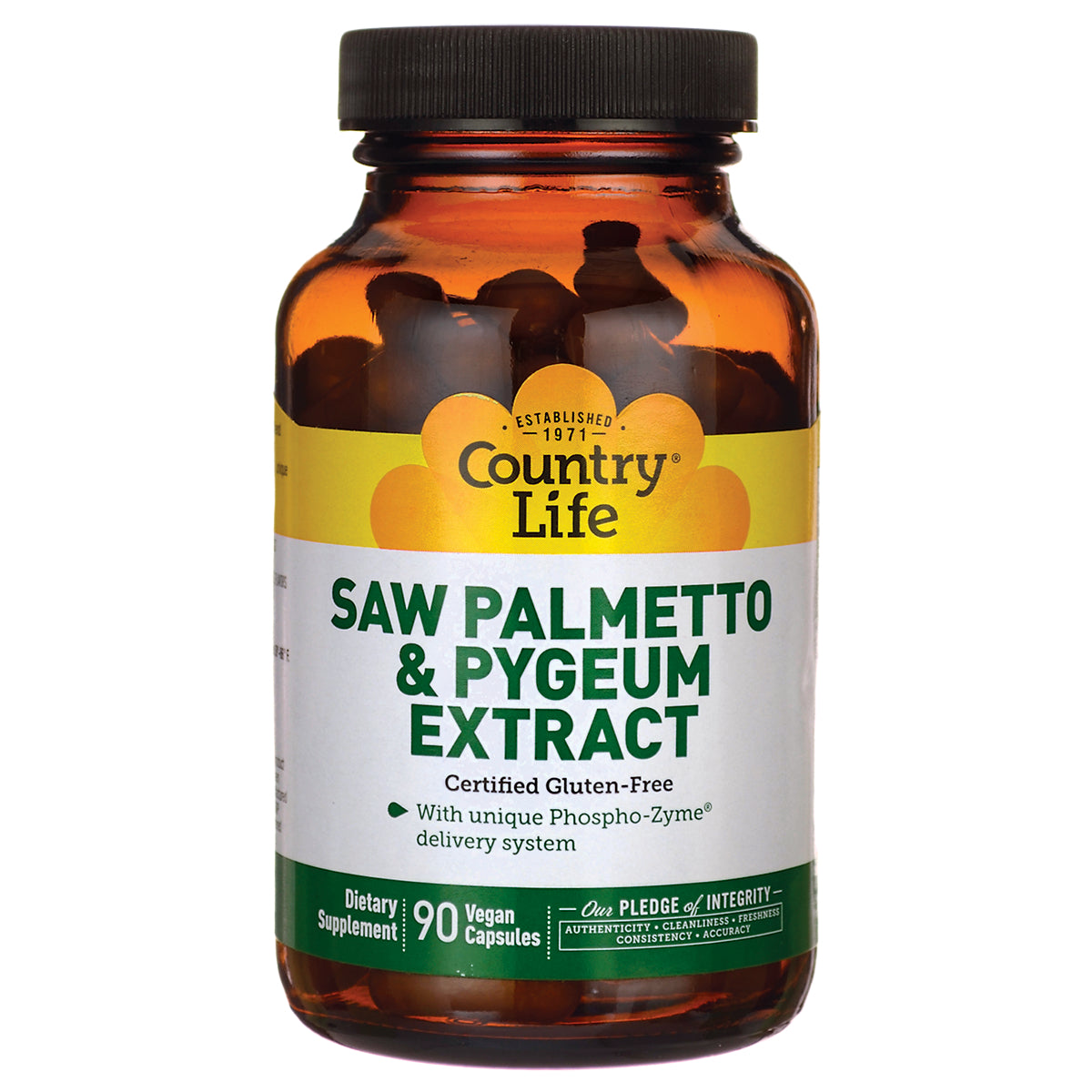 CRL175 | Country Life Saw Palmetto & Pygeum Extract supplement bottle, 90 vegan capsules, certified gluten-free
