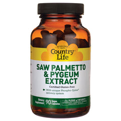 CRL175 | Country Life Saw Palmetto & Pygeum Extract supplement bottle, 90 vegan capsules, certified gluten-free
