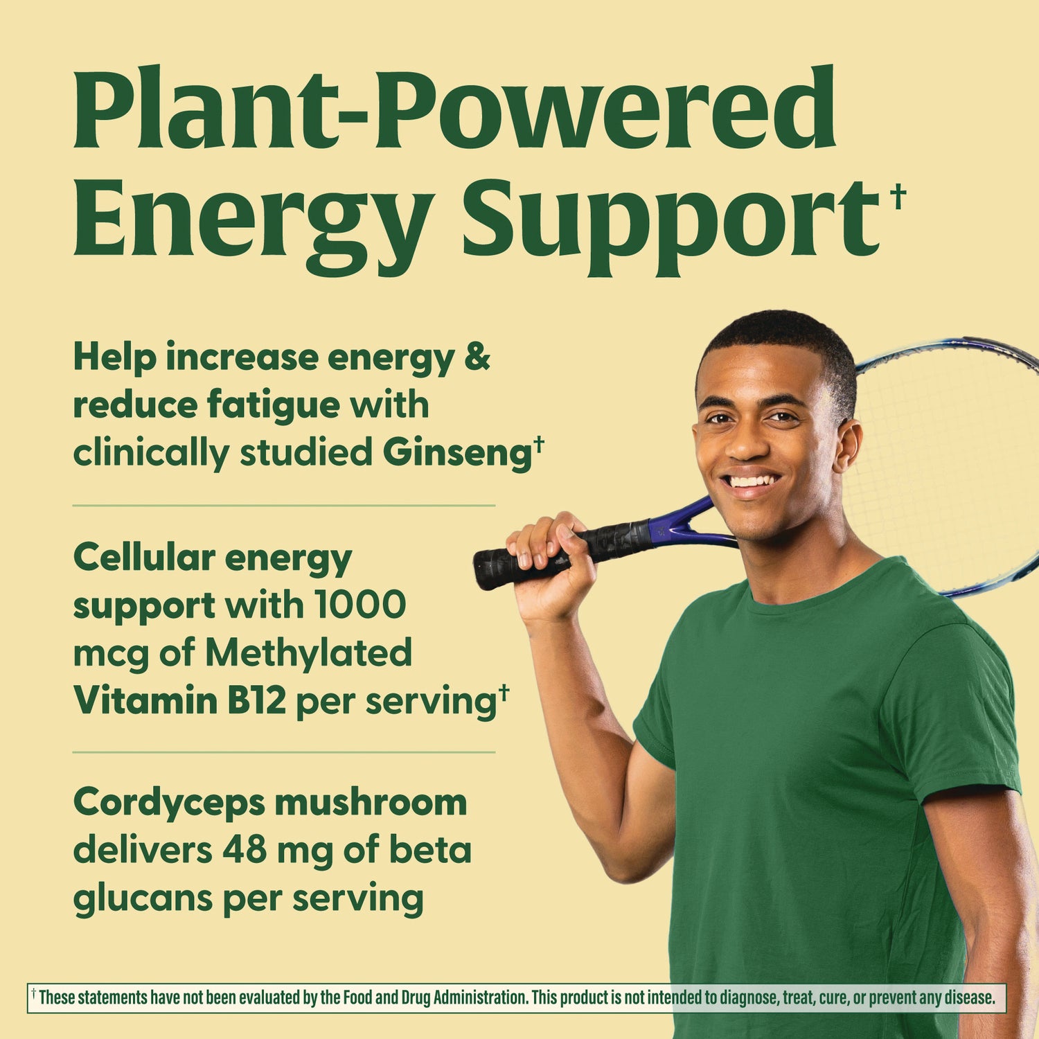 MGF141 | Plant-Powered Energy Support infographic listing ginseng, 1000 mcg methylated Vitamin B12, cordyceps 48 mg, smiling man with tennis racket