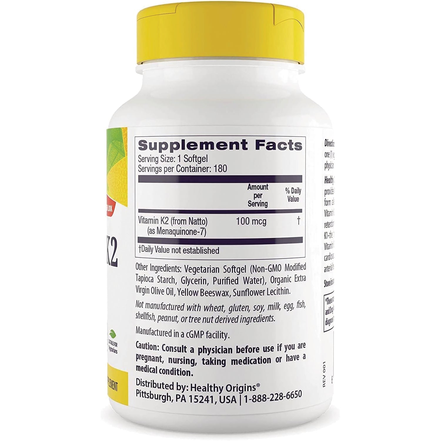 HRG174 | supplement facts and ingredient panel on back of white bottle showing Vitamin K2 100 mcg and caution