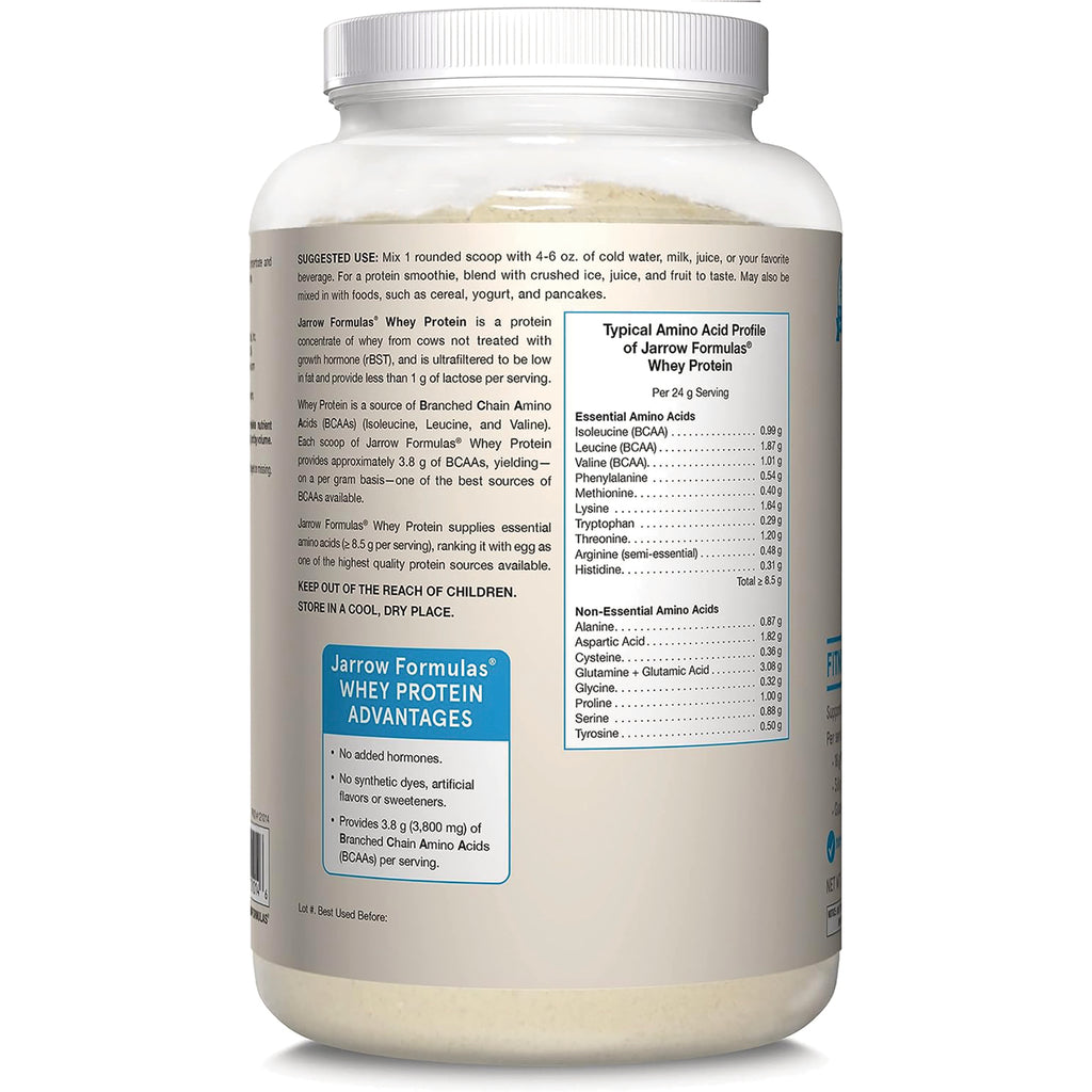 JR069 | back label of whey protein tub showing suggested use, product advantages, and amino acid panel - Thumbnail