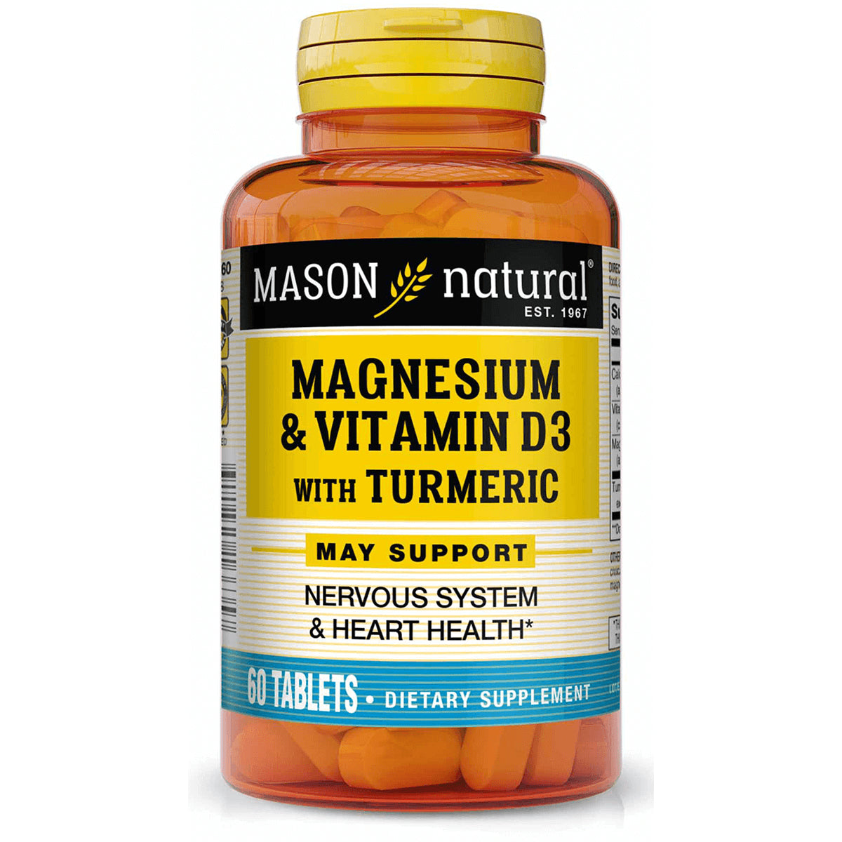 MSN075 | Mason Natural magnesium & vitamin D3 with turmeric supplement bottle, 60 tablets