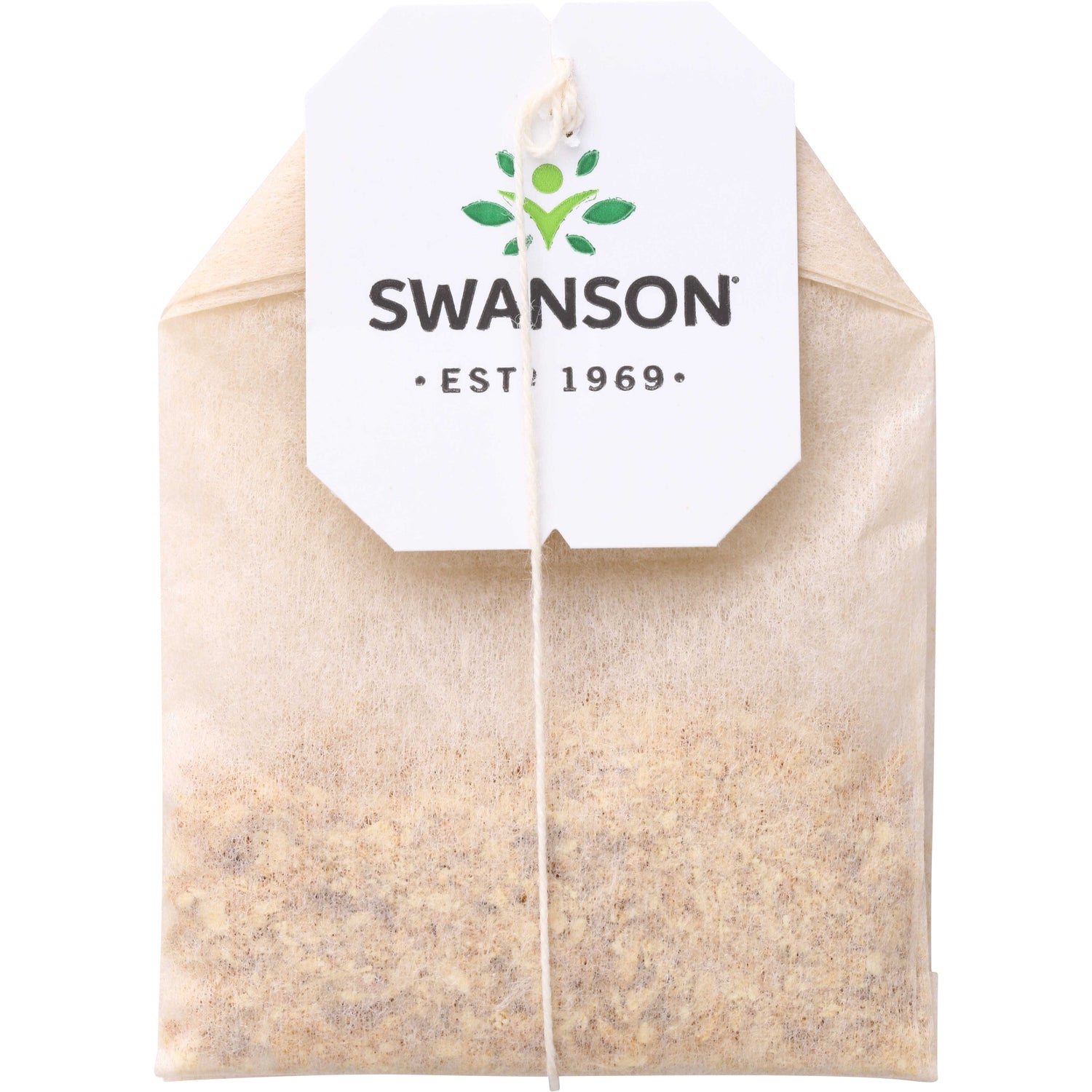 SWF077 | Tea bag with string and white tag reading 'SWANSON EST. 1969', close-up showing tea blend inside bag