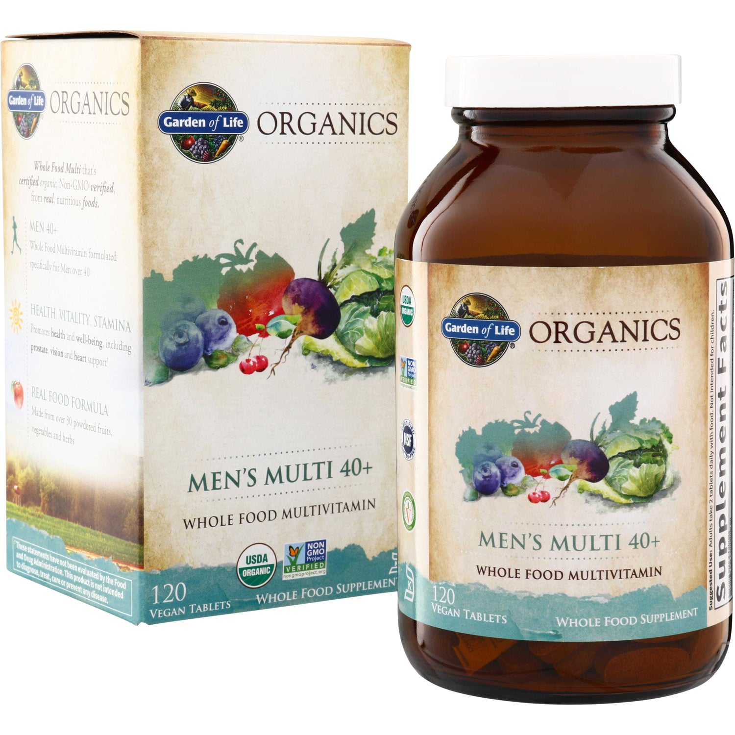 GLF182 | Garden of Life Organics Men's Multi 40+ whole food multivitamin, 120 vegan tablets