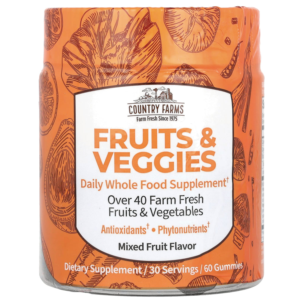 CFR027 | Country Farms Fruits & Veggies mixed fruit gummy supplement jar with orange front label - Thumbnail