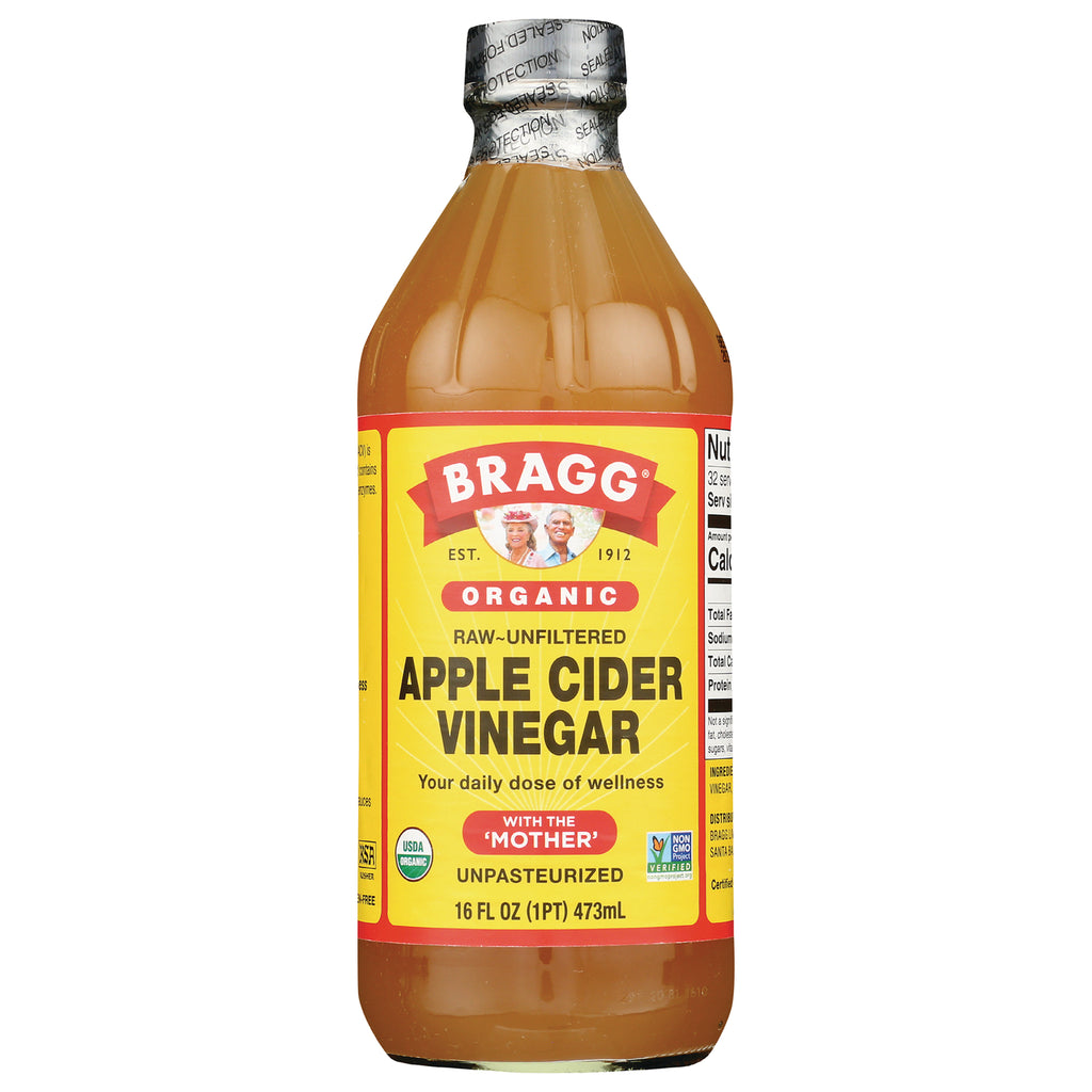 BR005 | Bragg organic raw unfiltered apple cider vinegar bottle, yellow label reads APPLE CIDER VINEGAR and WITH THE MOTHER 16 FL OZ - Thumbnail