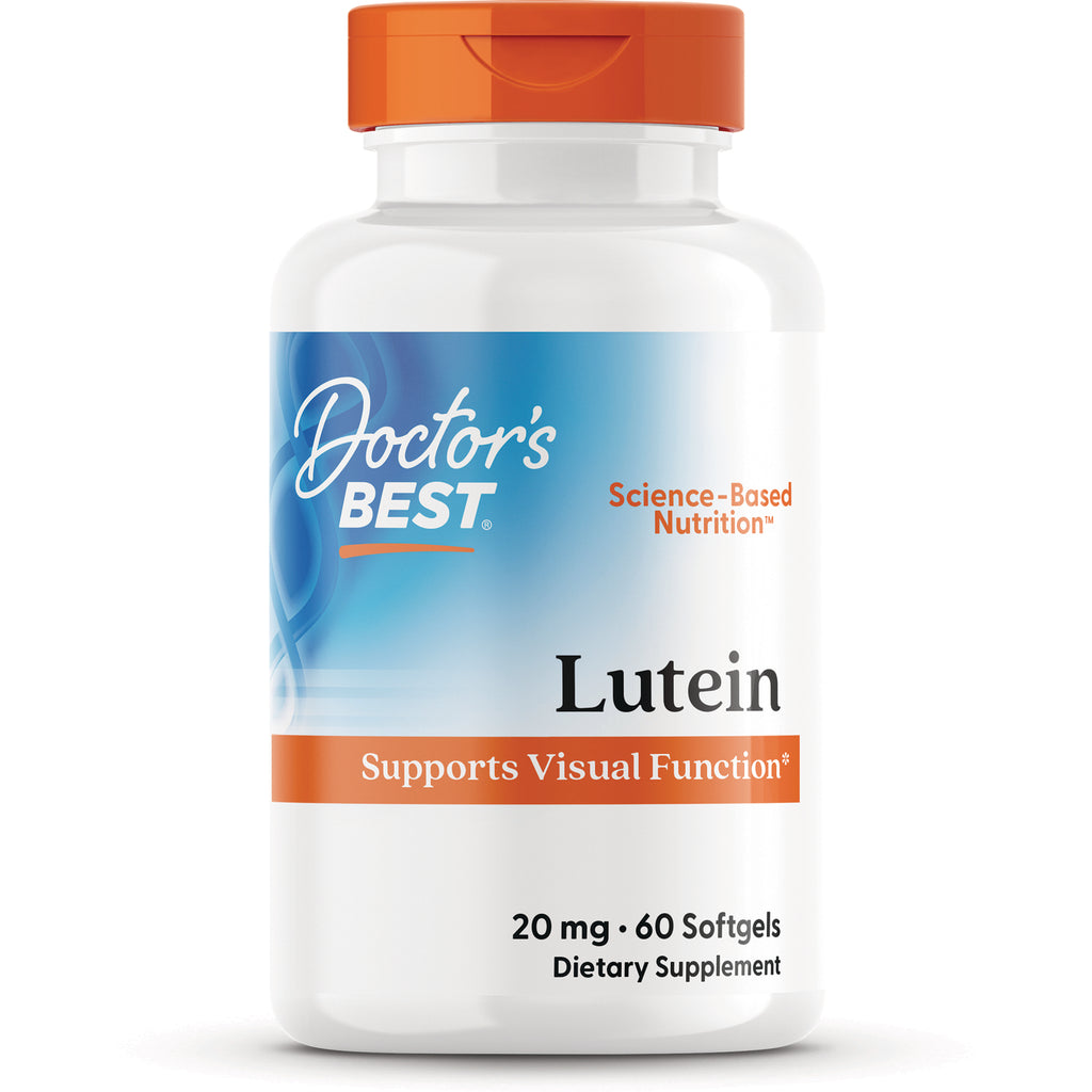 DB154 | White bottle of Doctor's Best Lutein supplement with orange cap labeled Supports Visual Function 20 mg 60 Softgels - Thumbnail