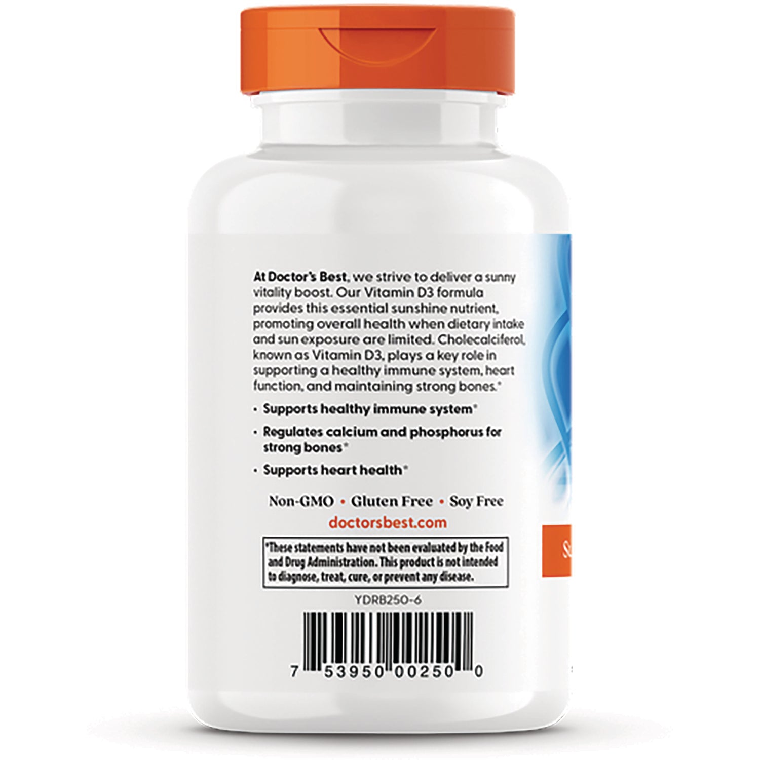 DB176 | Back of white supplement bottle with orange cap showing label text of benefits, non-GMO note and barcode