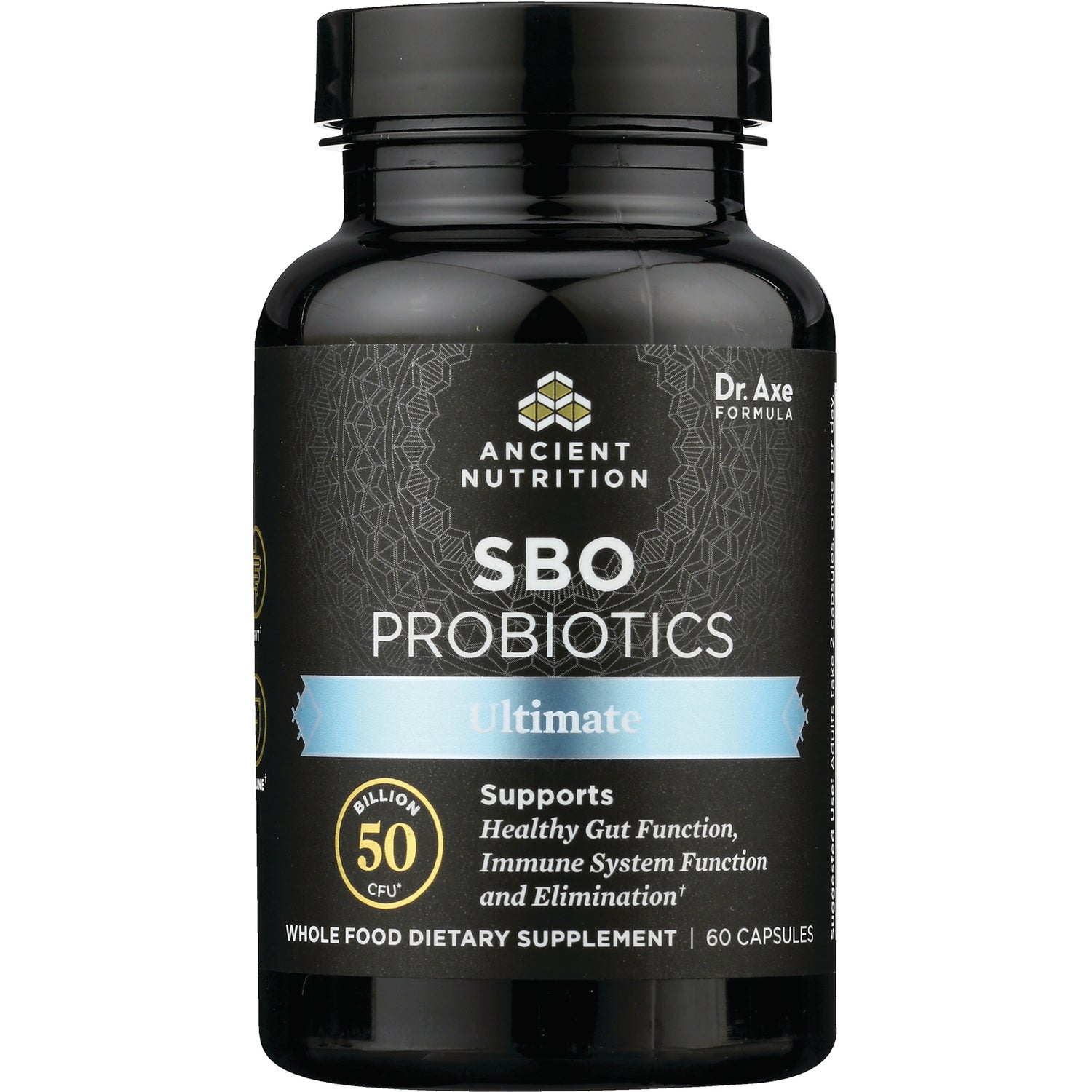 ATN052 | Ancient Nutrition SBO Probiotics Ultimate black bottle front label, 50 Billion CFU and 60 capsules