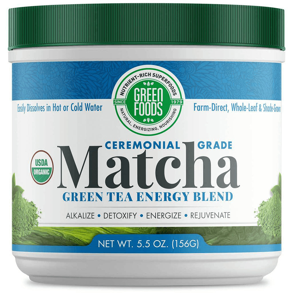 GM050 | Green Foods ceremonial grade matcha green tea energy blend tub with green lid, USDA Organic label - Thumbnail