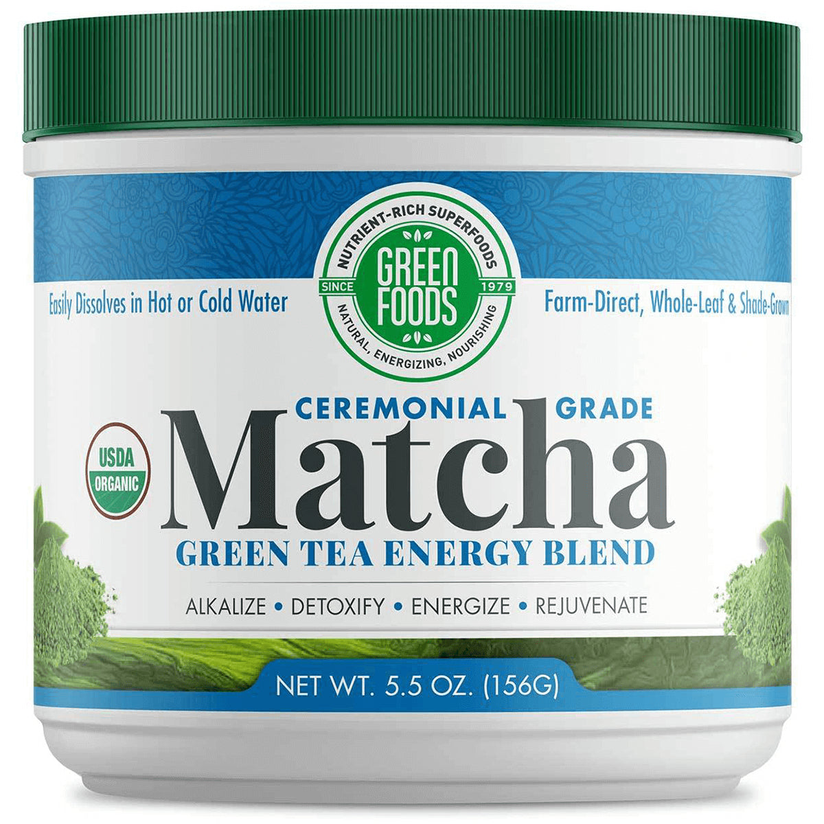 GM050 | Green Foods ceremonial grade matcha green tea energy blend tub with green lid, USDA Organic label
