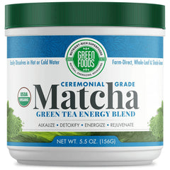 GM050 | Green Foods ceremonial grade matcha green tea energy blend tub with green lid, USDA Organic label
