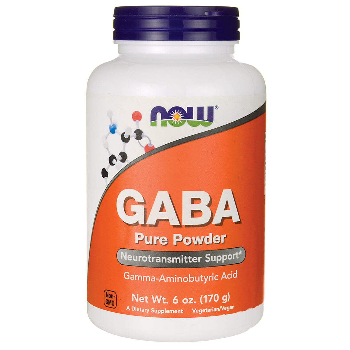 NWF172 | NOW GABA pure powder supplement bottle, orange label, 6 oz