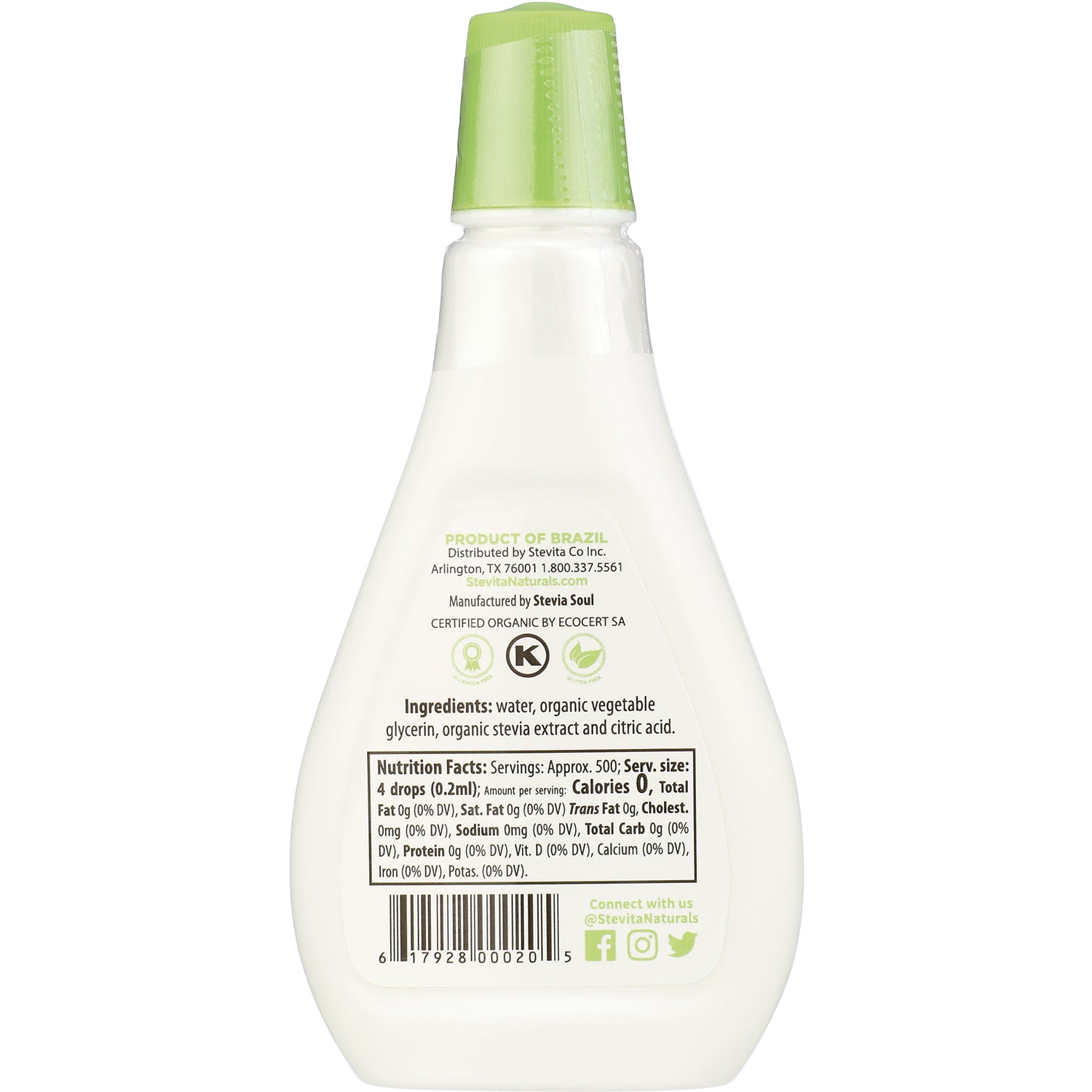 STV003 | Back label with ingredients, nutrition facts, and barcode on liquid stevia bottle