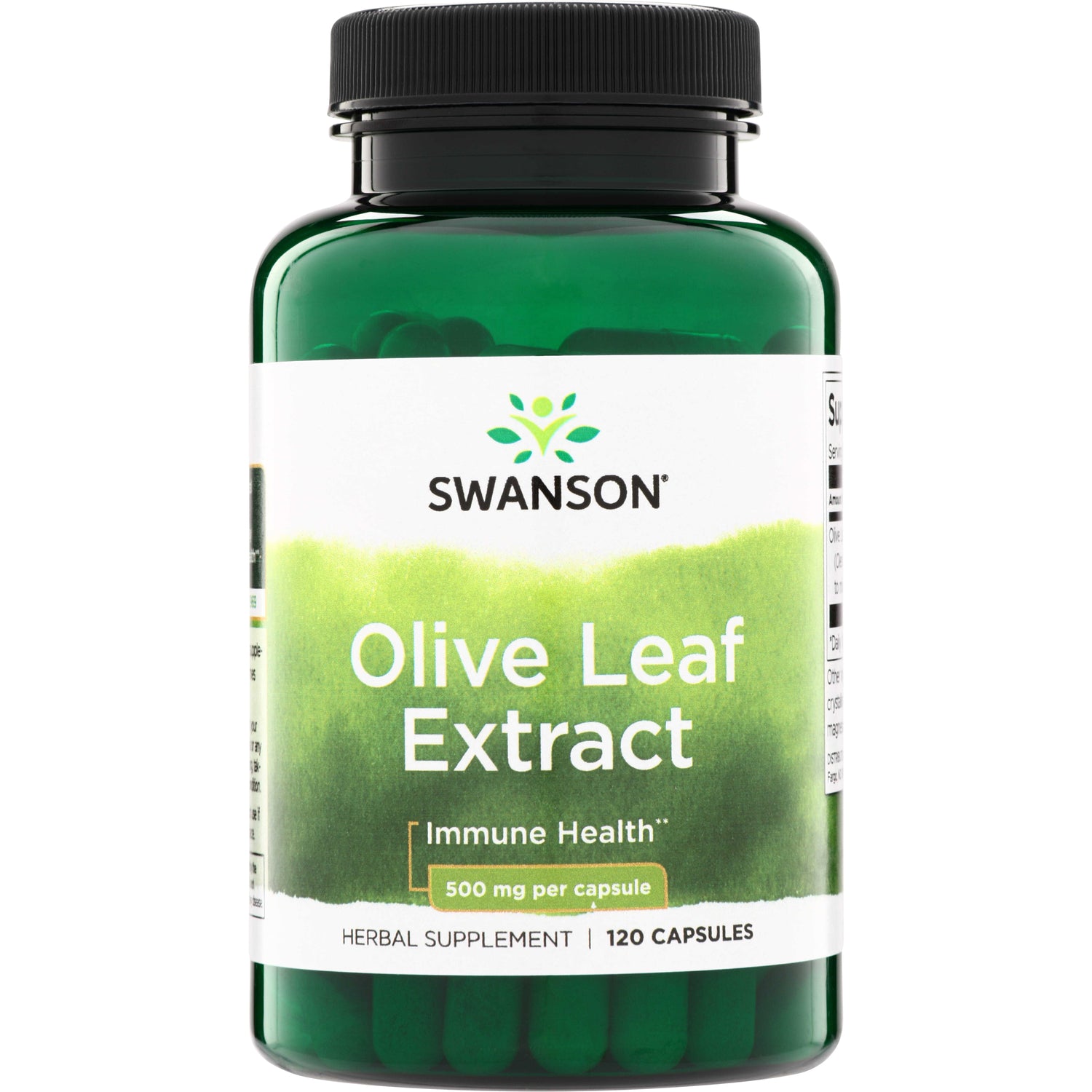 SWH159 | Swanson Olive Leaf Extract bottle with white label, 500 mg per capsule, 120 capsules