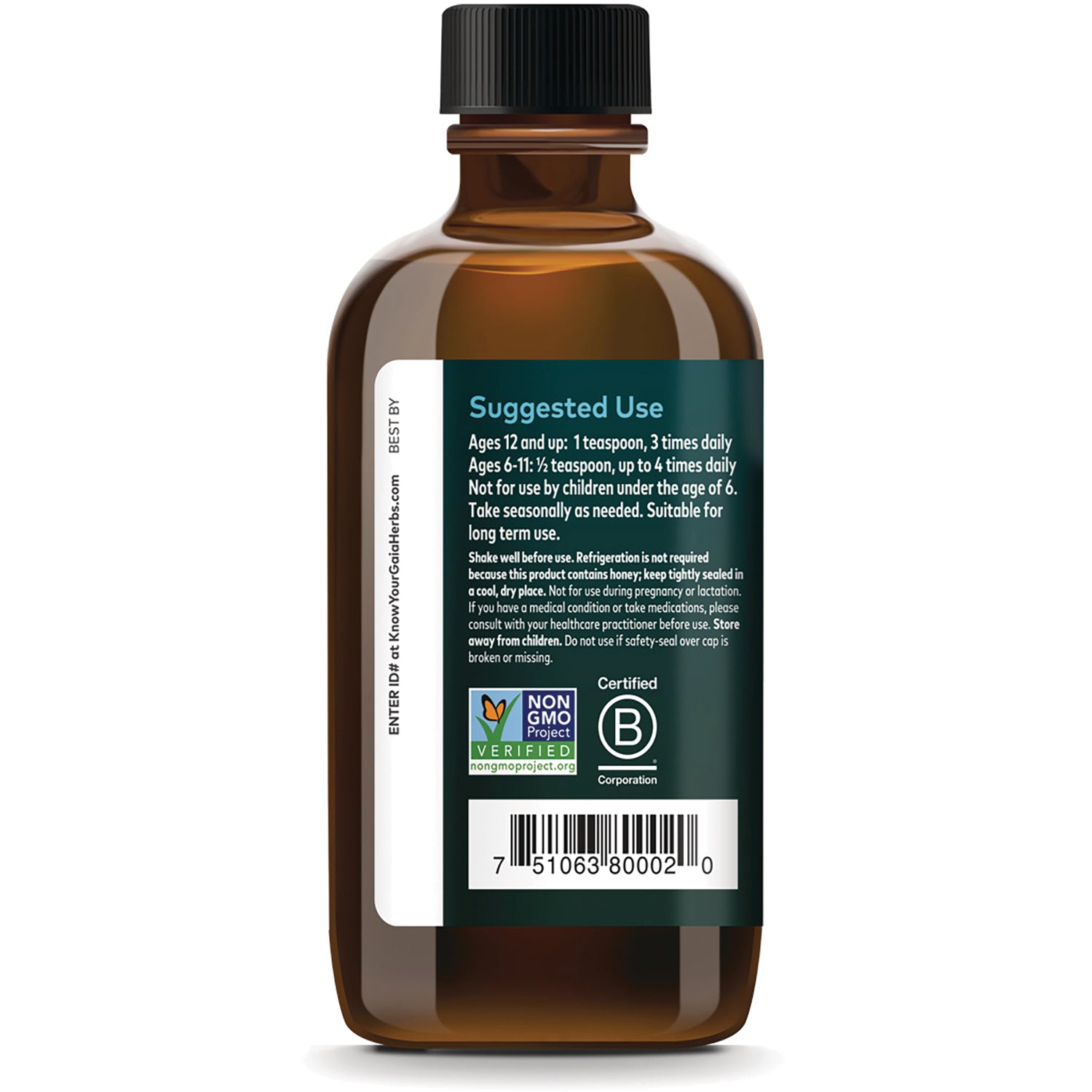 GH034 | back label of amber supplement bottle showing Suggested Use, barcode, NON GMO Project and B Corp logos