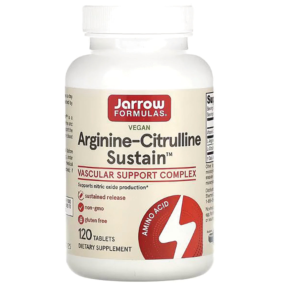JR313 | Jarrow Formulas Arginine-Citrulline Sustain dietary supplement bottle, 120 tablets, vascular support complex - Thumbnail