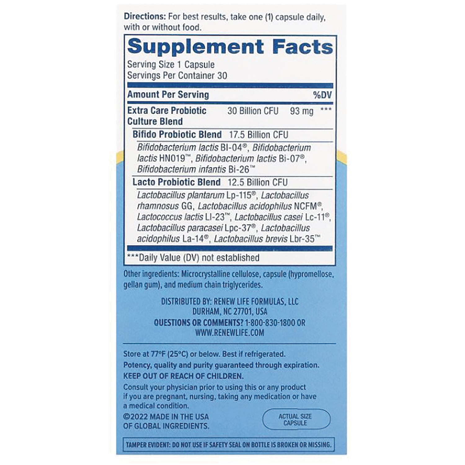 RNL220 | back label showing Supplement Facts panel with probiotic blends, ingredients and storage instructions